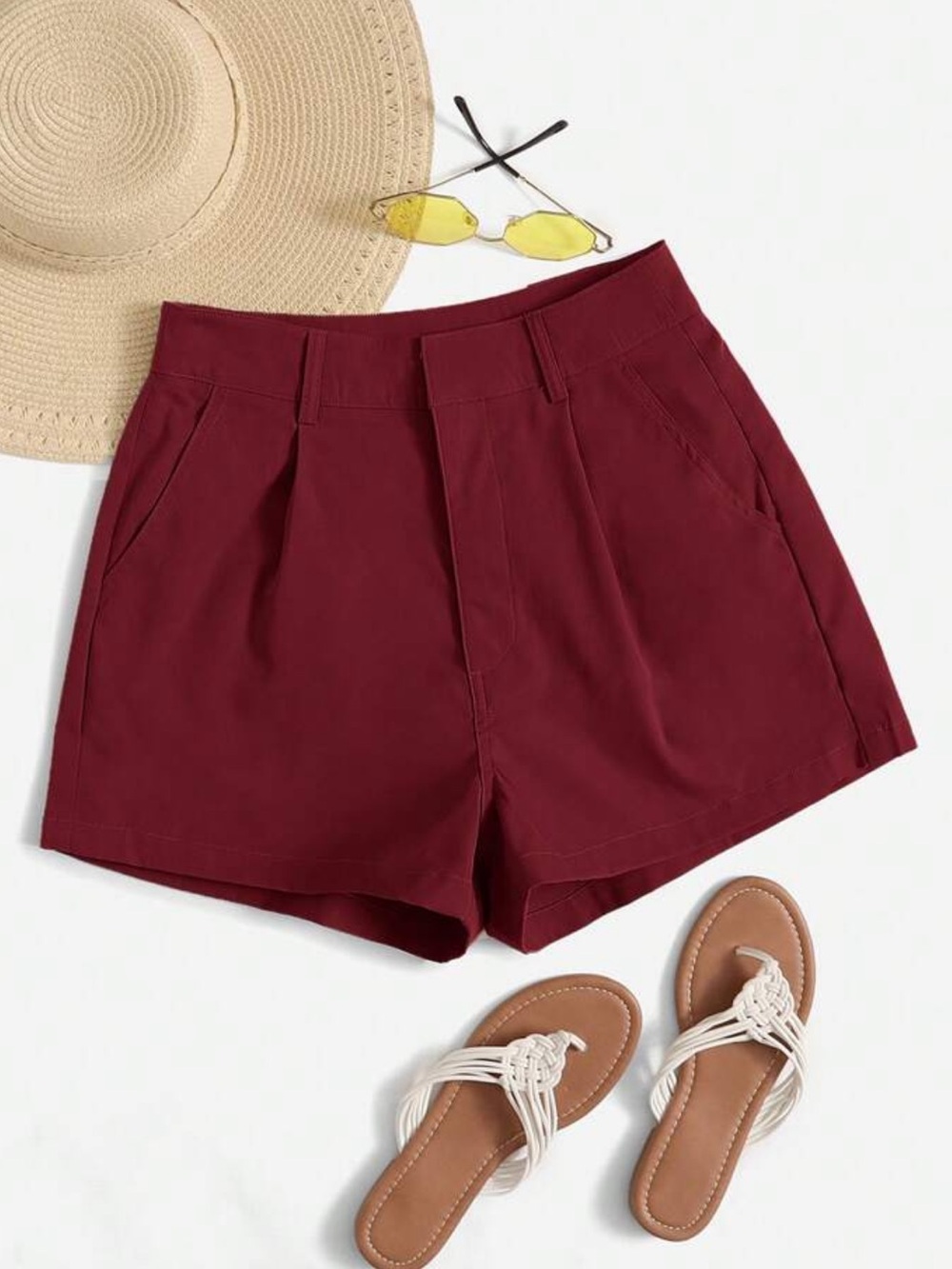 SHEIN Burgundy High-Waist Pleated Women’s Shorts